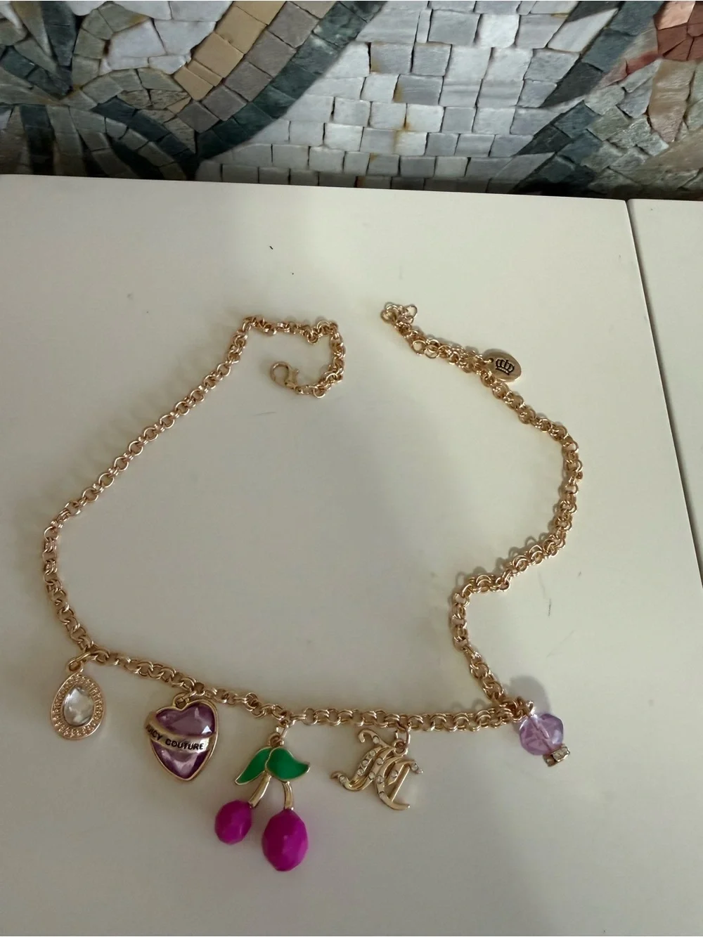 Juicy Couture Gold-Tone Charm Necklace with Pink Cherries & Purple Heart